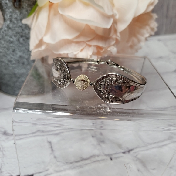 Vintage Silver Spoon Silverware Bracelet with Rose Floral Design - Picture 2 of 8